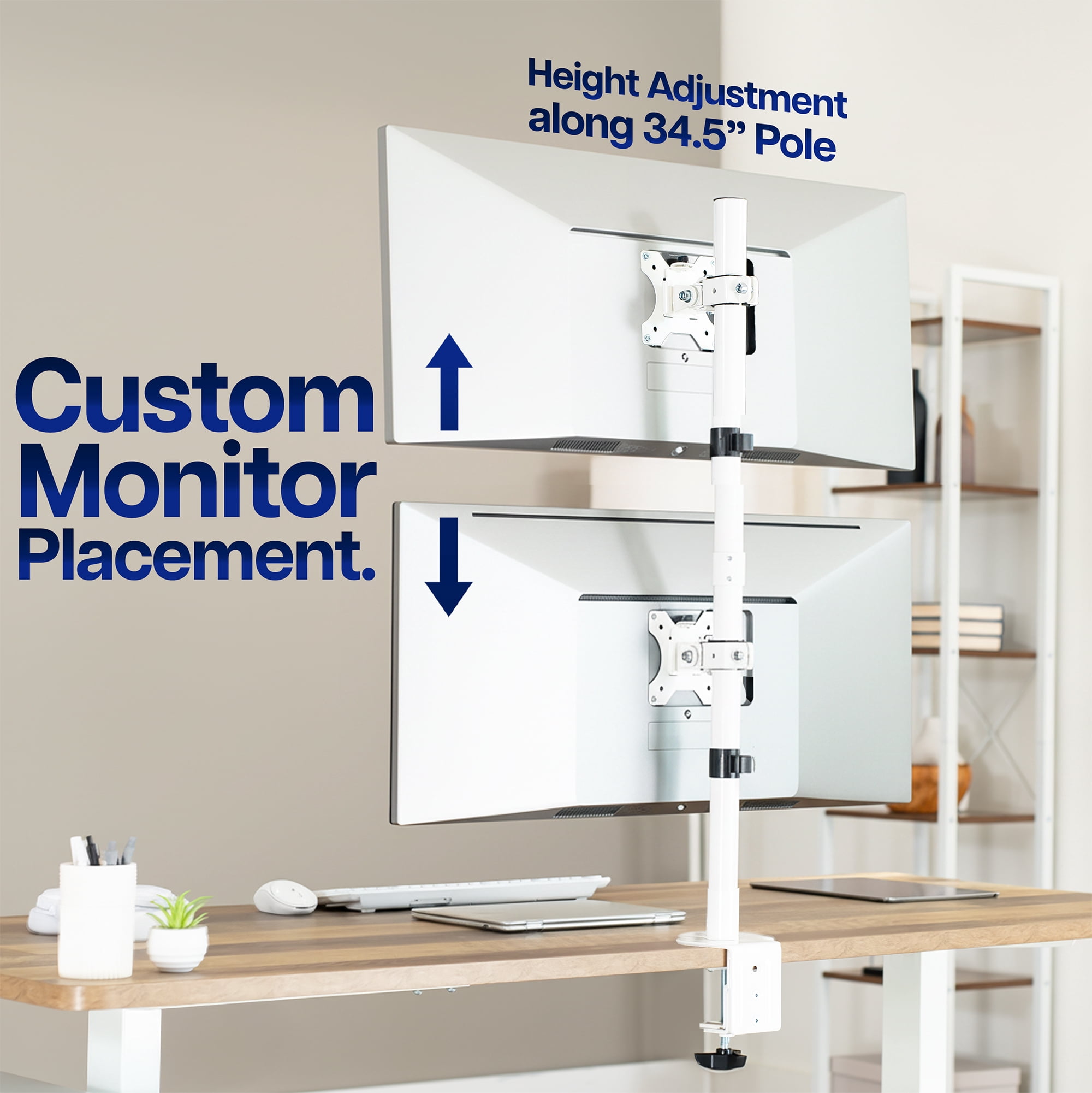 White Dual LCD Monitor Desk Mount Stand, Stacked Vertical 2 Screens up to 34"