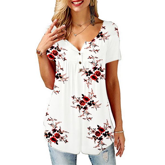 JustVH Women's Solid Henley V-Neck Casual Blouse Pleated Button Tunic Shirt Top