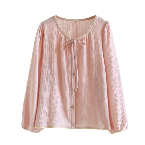 Sexlip Fall Long Sleeve Tops for Women Button Down Crewneck Blouses Dressy Casual Loose Shirts Lightweight Flowy Womens Tops Pink L