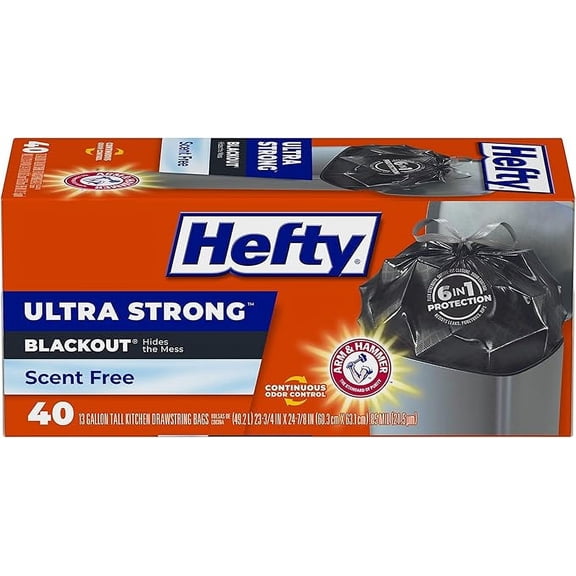 Hefty Ultra Strong 13 Gallon Trash Bags, Black Tall Kitchen Trash Bags 13 Gallon Size, Break Resistant Drawstring Enclosure, Continuous Odor Control, Blackout, Unscented, 40 Bags ( Pack of 2 )
