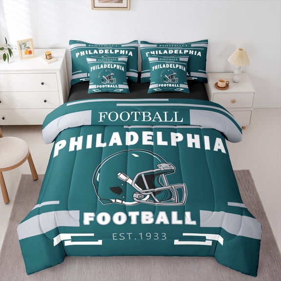 jejeloiu Philadelphia Sports City 7-Piece Twin Bedding Sets,American Rugby City Bedding Comforter Set,Green Rugby Helmet Sheet Sets For Boys Teens,Super Cozy Room Decor Reversible