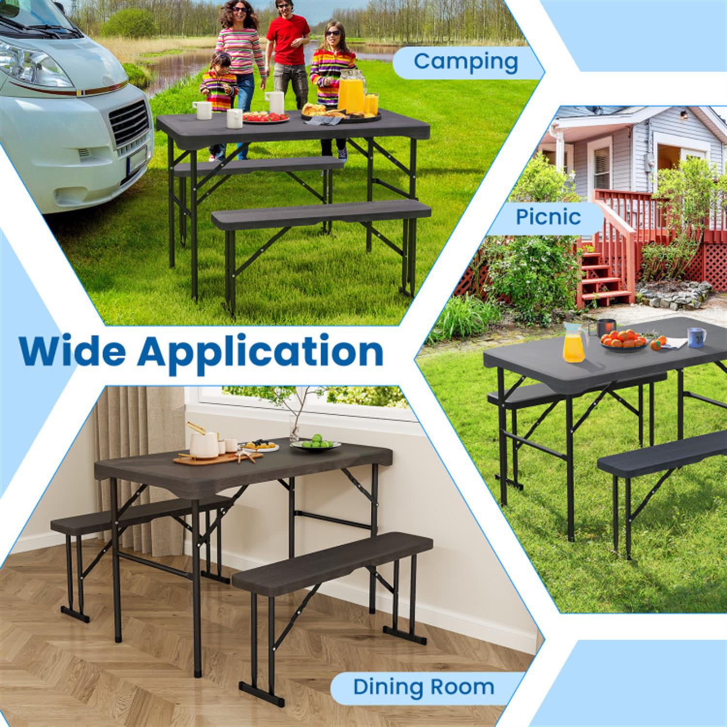 Demi Bonn Outdoor Folding Table Bench Set with All-Weather HDPE Tabletop and Sturdy Metal Frame for Parties Wedding BBQ Camping, Black