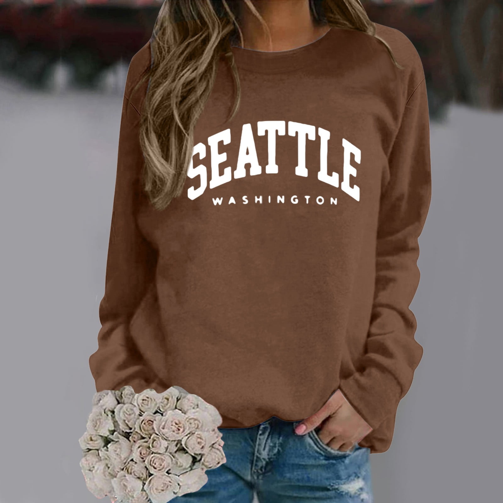 Women Print Adult Unisexual Crew Neck Sweatshirt Hoodless Ladies