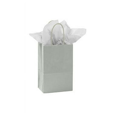 SSWBasics Small Glossy Silver Paper Shopping Bags - 5 ¼”L x 3 ½”D x 8 ½”H - Case of 100 Paper Bags-Bulk Packaging - Shopping Bags with Handles - Ideal for Retail Business