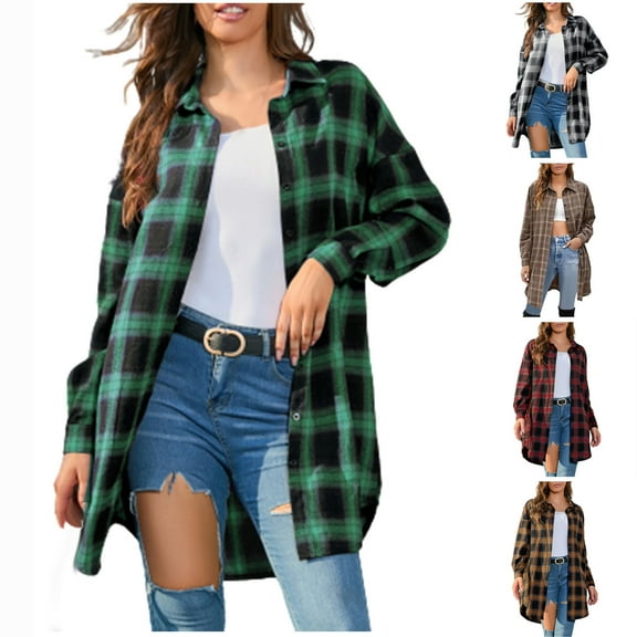 DDAPJ pyju Lightweight Shacket for Women Mid Long Shirt Jacket Oversized Boyfriend Plaid Shirts Black XL