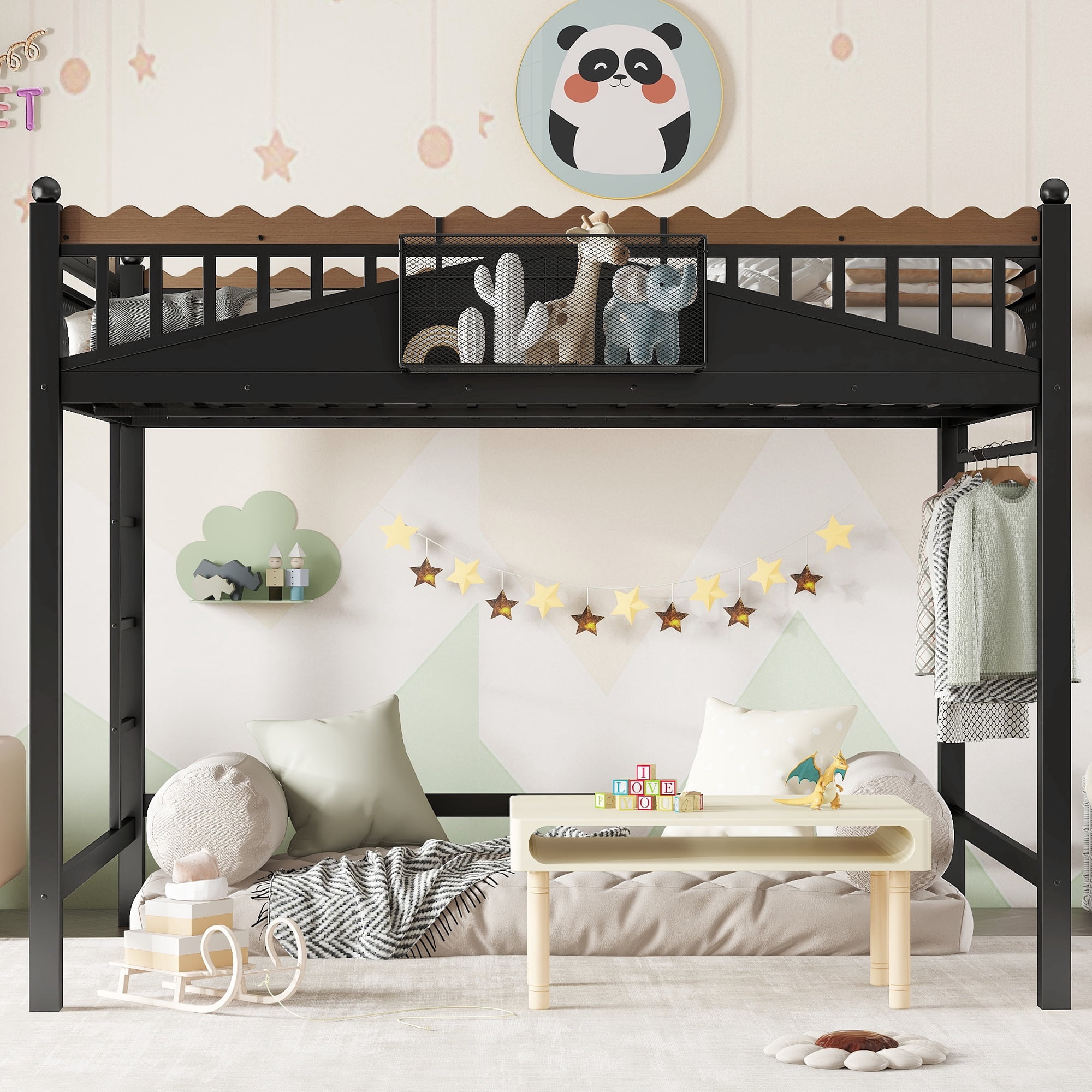 Leumius Full Size Loft Bed,Metal Loft Bed with Storage Baskets and Bookshelf,High Loft Bed with Large Under-Bed Space,No Box Spring Needed,Black