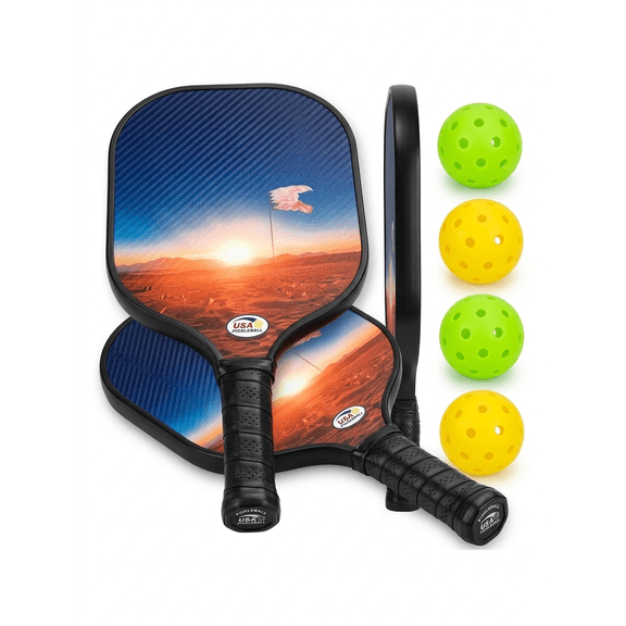 Carbon Fiber Pickleball Set - 2 Paddles 4 Balls - Desert Sunset Design - 4.57" Grip - Lightweight & Durable