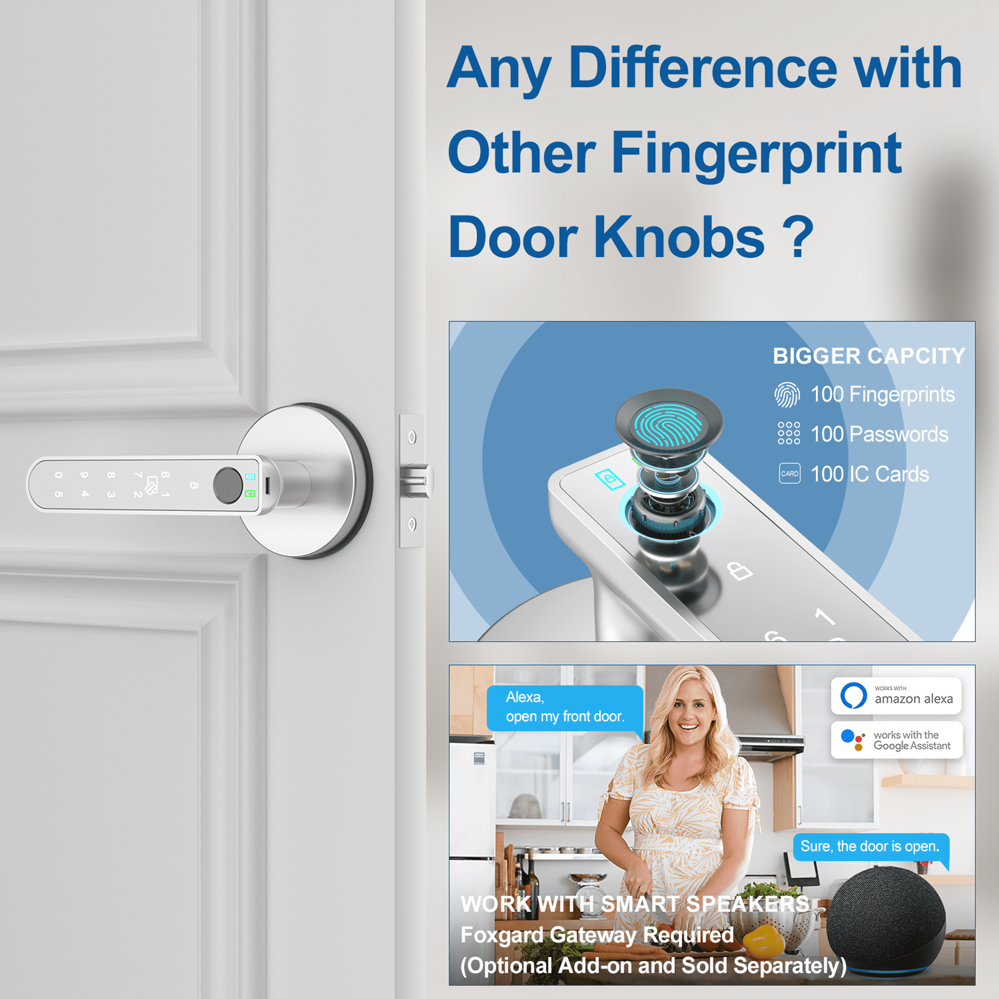 Foxgard Fingerprint Door Lock, Smart Door Knob with APP Control, 100 Fingerprints Biometric Door Lock with Tuya App, Silver