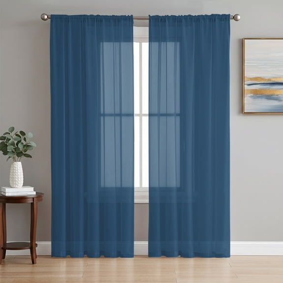 Pure Midnight Blue Semi Sheer Curtains 63 Inch Length 2 Panels Set, Modern Solid Color Minimalist Art Sheer Kitchen Curtain Privacy Voile Window Curtain for Living Room Bedroom Rod Pocket Drapes