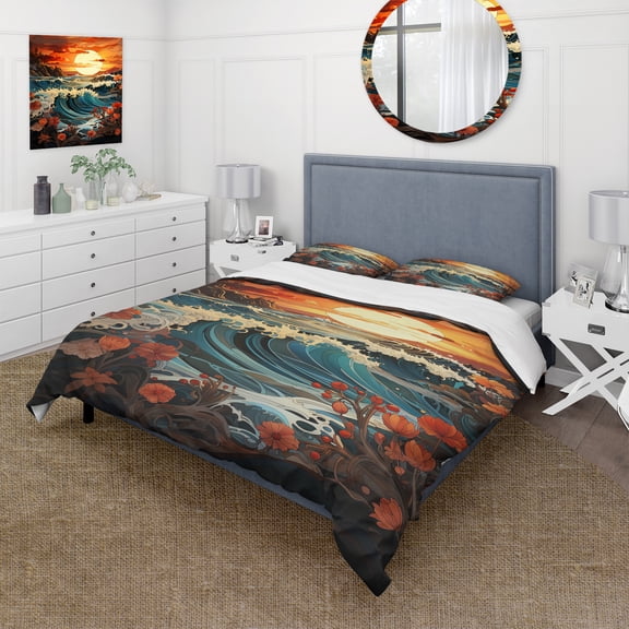 Designart "Sunset Blooms of Japanese Waves in Orange I" Coastal Sunset Bedding Covert Set - Landscapes Orange Coastal Bed Set With 2 Shams