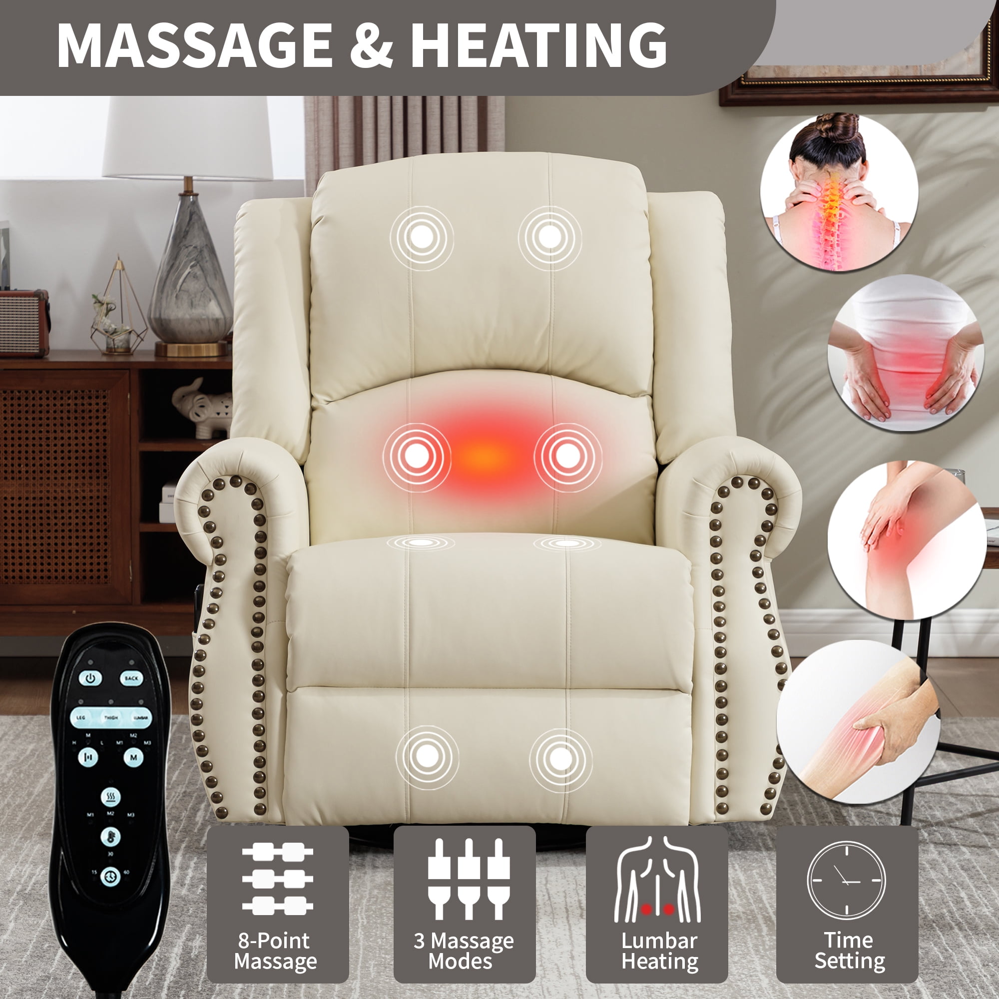 Leumius Oversized Swivel Recliner Chair for Adults,Swivel Rocker Recliner with Vibration Massage and Lumbar Heating for Living Room,Rivet Design,Beige