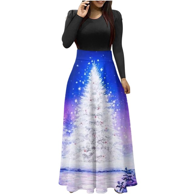 Robes pour Femmes 2022 Noël Col Rond Manches Longues Patchwork Imprimé Robe Longue Ligne A Robe Maxi Automne Dames