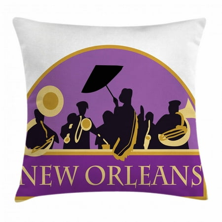 New Orleans Throw Pillow Cushion Cover, French Quarter Band with Jazz Trumpet Saxophone and Brass, Decorative Square Accent Pillow Case, 16 X 16 Inches, Blue Violet Earth Yellow Black, by