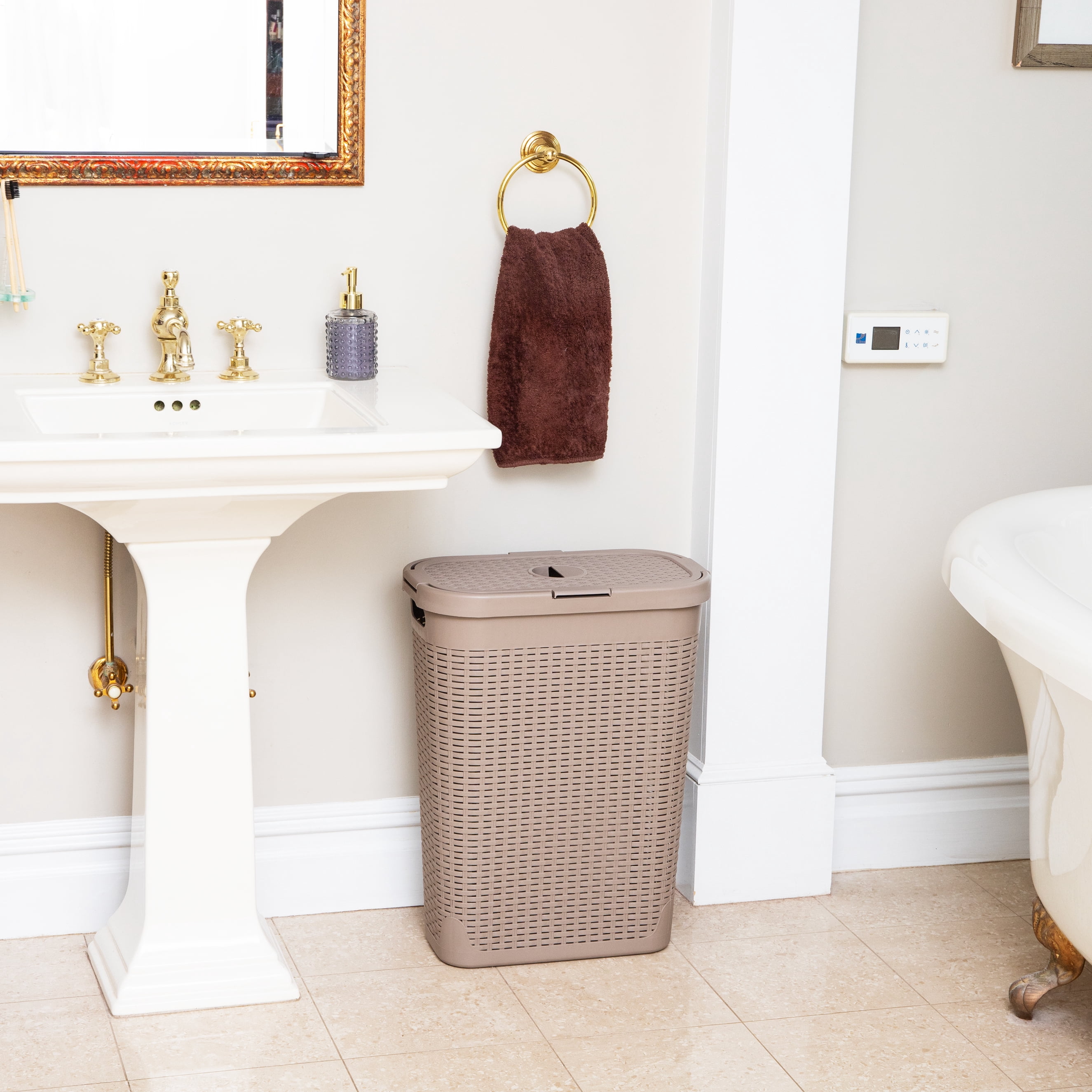 Mind Reader Slim Laundry Hamper with Lid,  40L Clothes Basket, Narrow Tapered Design with Ventilated Cutout Pattern, Plastic, Tan