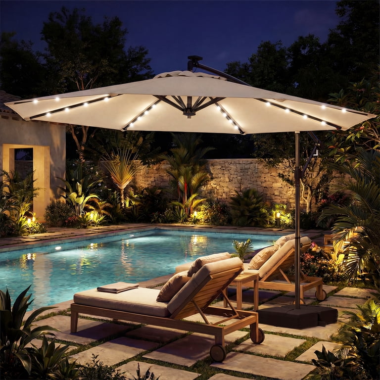 costway 10 ft patio offset cantilever umbrella with solar op70280 10 Feet Solar Offset Hanging Umbrella with Base and 32 LED Lights-Beige