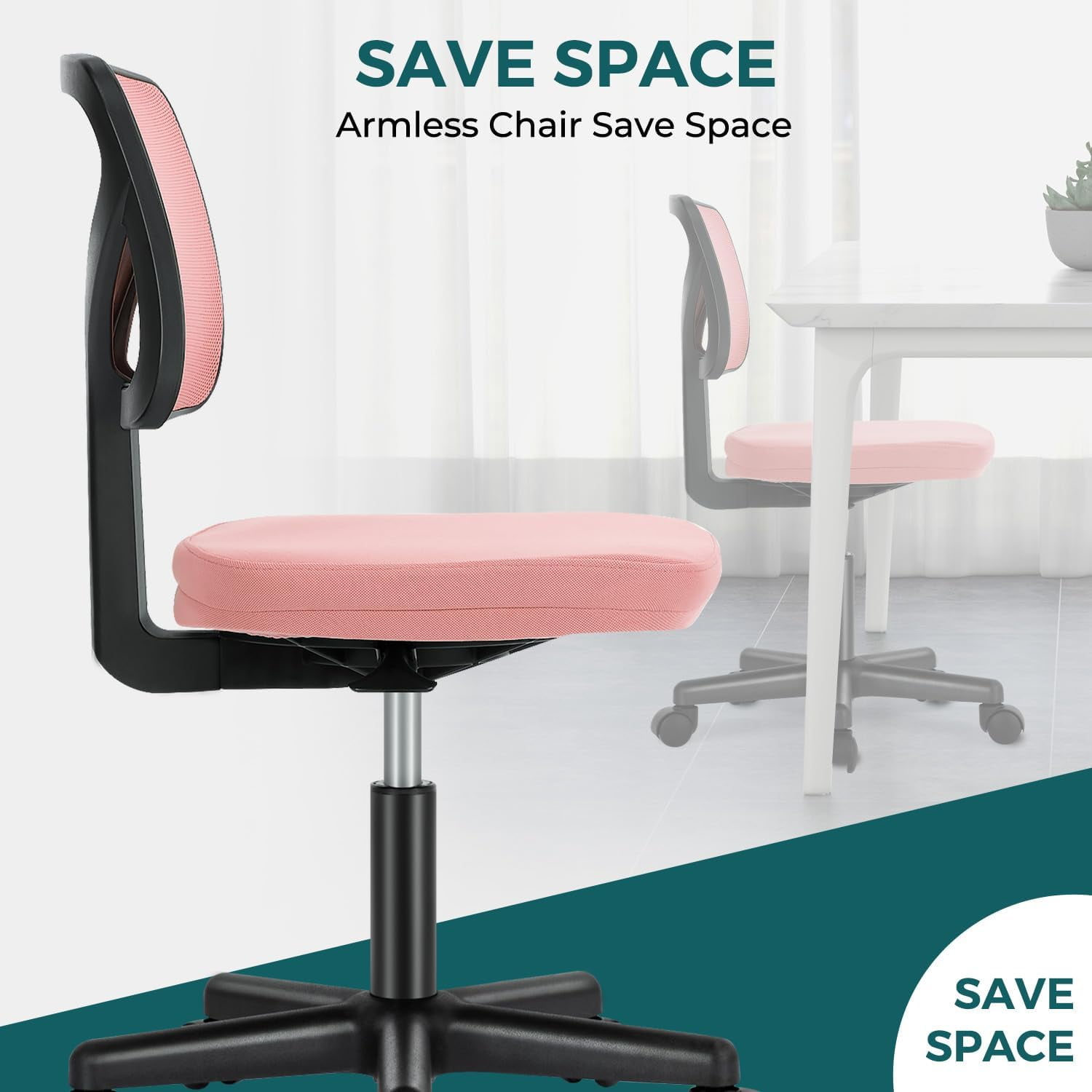 Armless Mesh Office Chair, Ergonomic Low-Back Swivel Desk Chair with Wheels and Lumbar Support, Height Adjustable, Pink