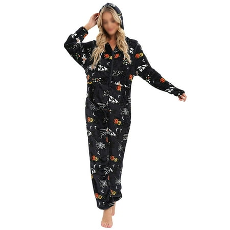

Haite Ladies With Kangaroo Pockets Long Sleeve Sleepwear Drawstring Dual Flannel Onesie Pajamas Halloween Floral Print Hooded Onesies