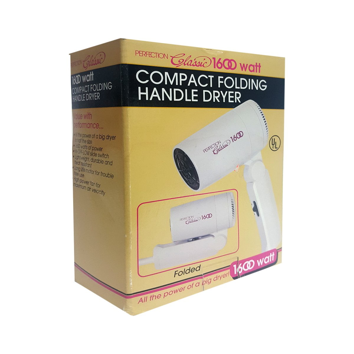 Perfection Classic 1600 Watt Compact Folding Handle Hair Dryer, White