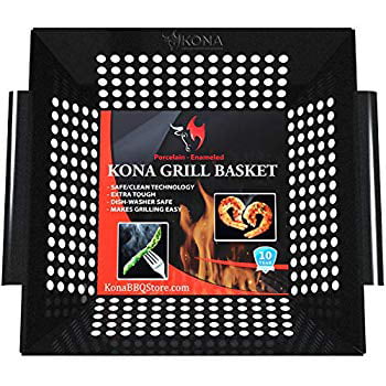 Best Vegetable Grill Basket - Safe/Clean Porcelain Enameled BBQ Grilling Basket (Large 12x12x3 inches) for Veggies, Kabobs, Seafood, (Best Veggies For The Grill)