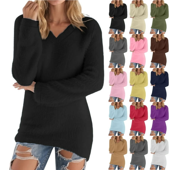 Otntypg Plus Size Womens Fluffy Fuzzy Jumper Sweater Winter Plush Thick Warm Long Sleeve V Neck Fleece Pullover Tops Fashion Oversized Soft Cozy Thermal Sweaters White M
