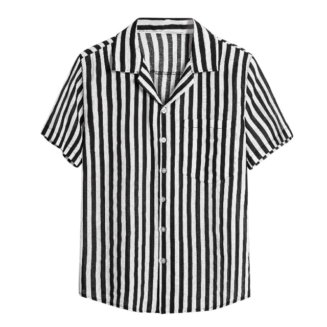 Camisas De Vestir Para Hombre Manga Corta Camisa informal de de lino y algodón para hombre, camiseta de manga corta con estampado de verano y botones y solapa a rayas con bolsillo (Black, XXL)