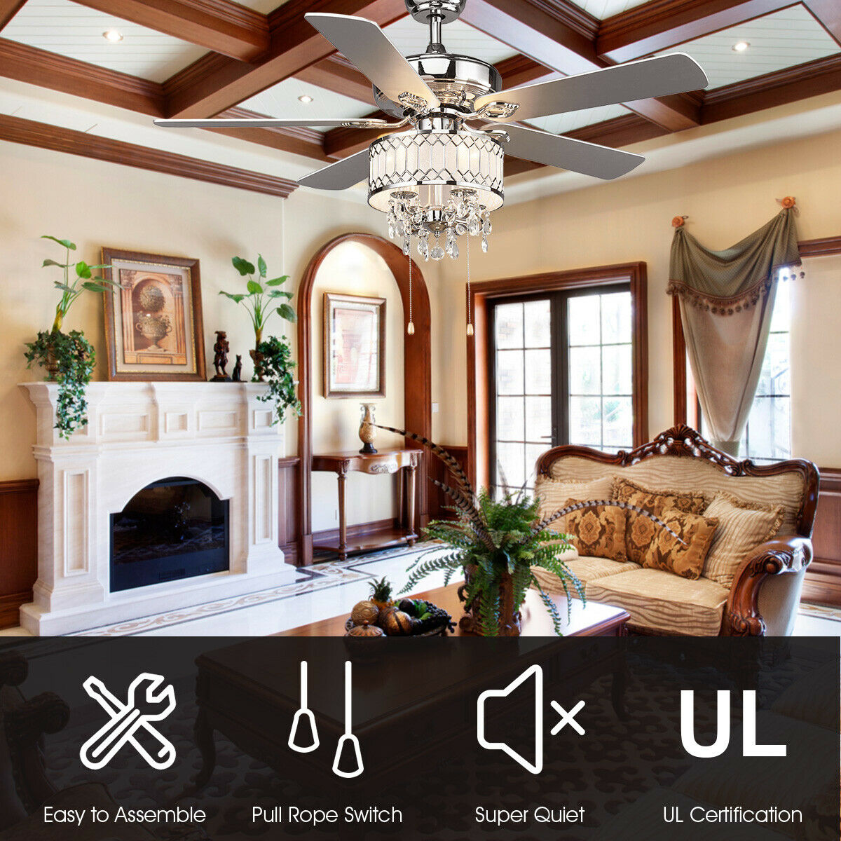 Costway 52 in Classical Crystal Ceiling Fan Lamp w/ 5 Reversible Blades Pull Chain Home Silver