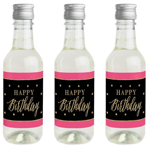 Big Dot of Happiness Chic Happy Birthday - Pink, Black and Gold - Mini Wine & Champagne Bottle Label Stickers - Birthday Party Favor Gift - Set of 16