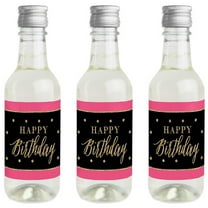 Big Dot of Happiness Chic Happy Birthday - Pink, Black and Gold - Mini Wine & Champagne Bottle Label Stickers - Birthday Party Favor Gift - Set of 16