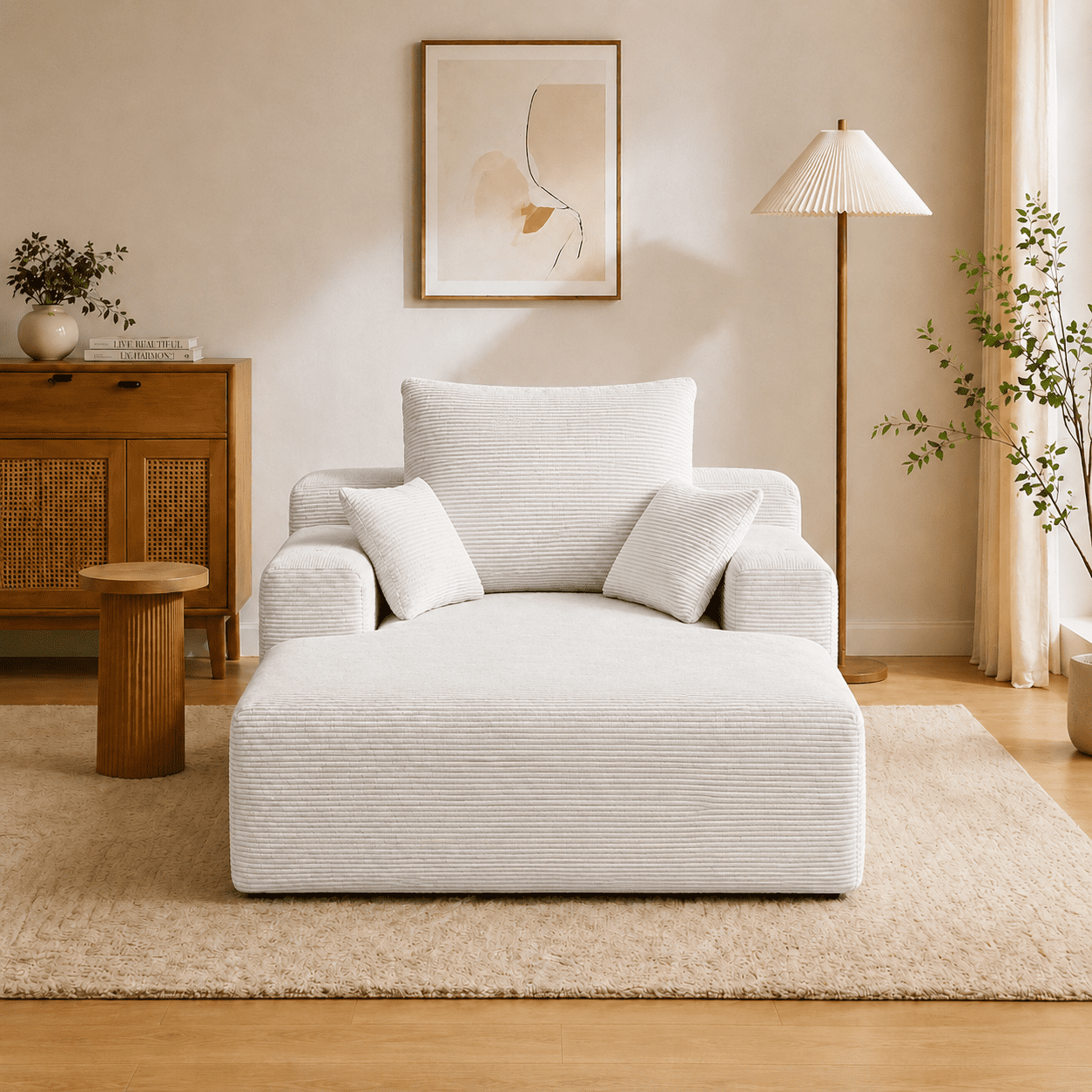 71.65" Corduroy Chaise Lounge Sofa with Cup Holders & Storage Pocket, No Assembly, Oversized Deep Seat with Pillows, Beige
