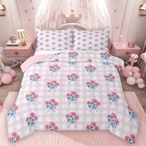 Homewish Girl Lovely Bowknot Ribbon Queen Comforter Set,Cartoon Flower Geometric Checkered Bedding Sets,Pink Blue Bedding Comforter Set For Kids,Ultra Soft Home Decor Reversible,3pcs