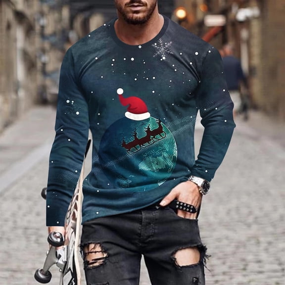 Aimik Ugly Christmas T-Shirt for Men Long Sleeve Xmas Snowman Print Sweatshirts Funny Holiday Pullover Crewneck Tops-Blue XXXL