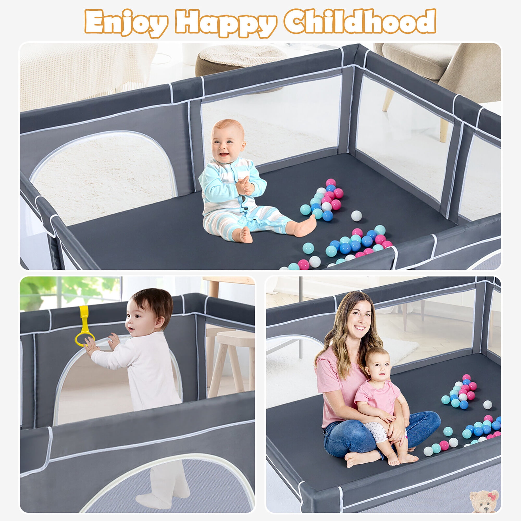 Gymax Extra Large Baby Playpen Safety Baby Play Yard w/ 50 Ocean Balls & 4 Handles Dark Grey