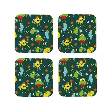 

Junzan Sport Monster Print Coasters for Drinks - Leather Coasters Set of 4 for Coffee Table for Housewarming/Kitchen/Bar/Decor-Square