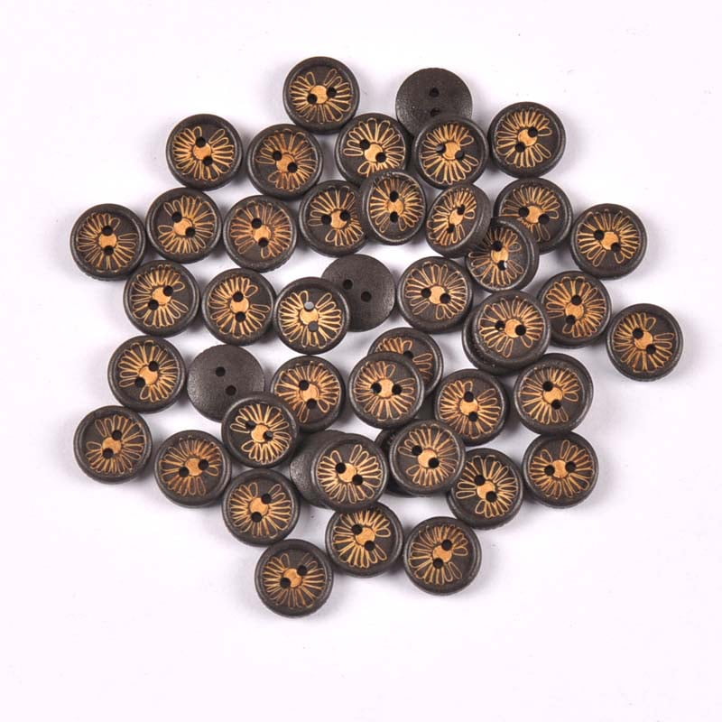 100pcs 12mm Dark Brown Round Flower Pattern Wooden Decorative Buttons for Sewing Scrapbooking Handmade