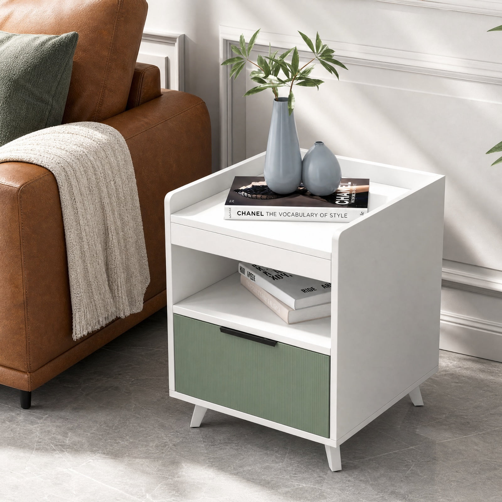 Furnibear Modern Nightstand with LED Lights Sliding Drawer and Open Compartment for Bedroom Living Room Bedside Sofa Side Small Space, White