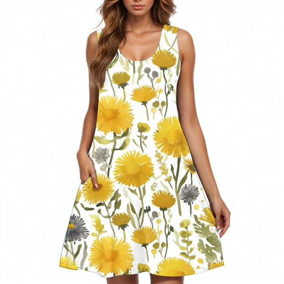 Women’s Sleeveless Floral Sundress Summer Casual Swing Dress Loose Fit Tank Dress Beach Vacation A Line Dresses