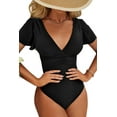 thumbnail image 1 of BEAUTYIN Maillots de Bain une Pièce pour Femmes Manches Trompette Col en V Monokini Froncé, 1 of 6