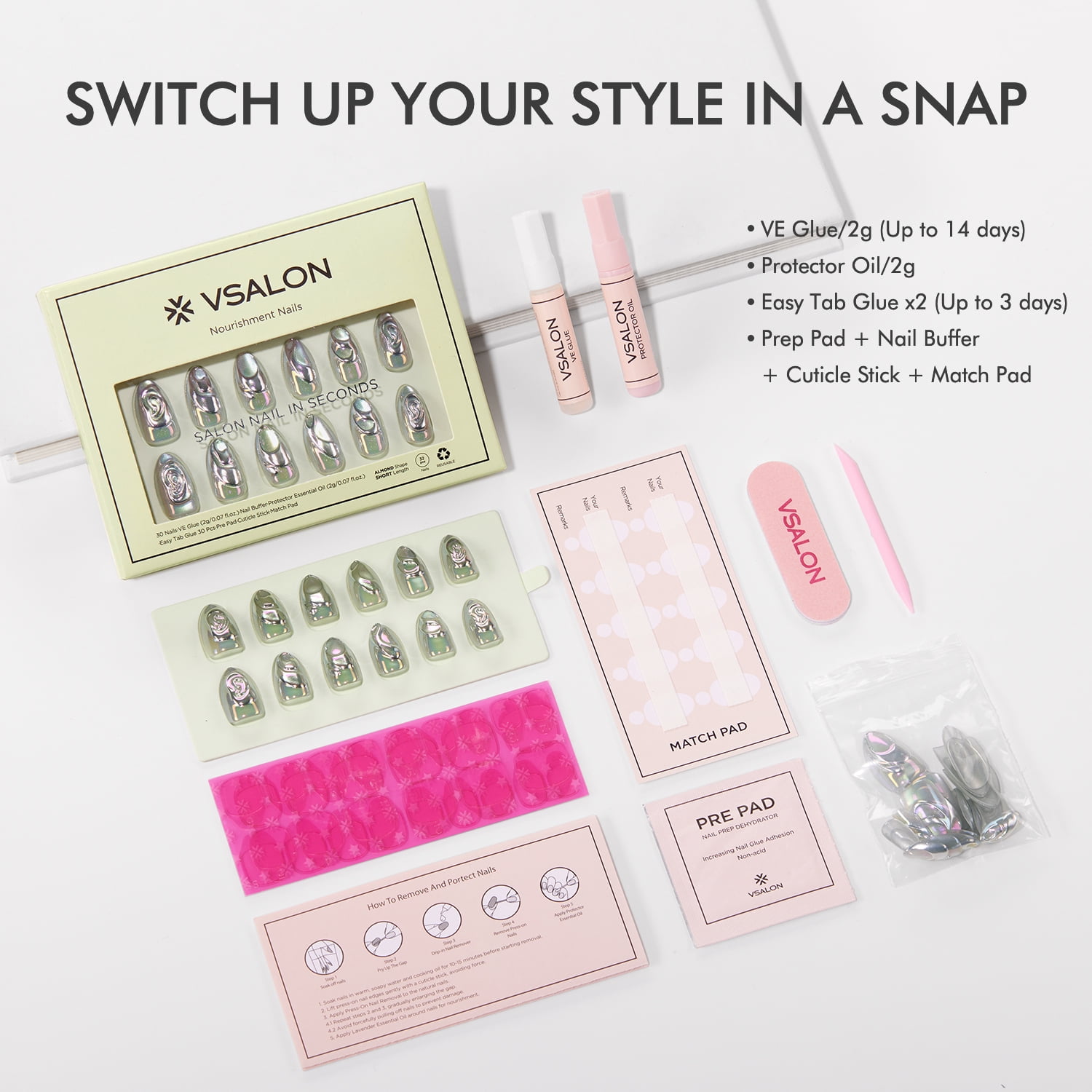 VSALON Press on Nails Short Almond - 3D Sculpting Silver Cat Eye Chrome Nails Kit for Women, Reusable Semi-Transparent Gel Halloween Fake Nails with Glue & Cuticle Oil - 32 PCS Nails in 16 Sizes