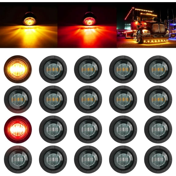 3/4" Round LED Side Marker Clearance Lights Front Rear Marker Indicators Tail Light Waterproof for Trailer Truck Car Bus Van Pickup RV Wrangler ATV UTV (20pcs Smoked Lens Red & Amber LED)