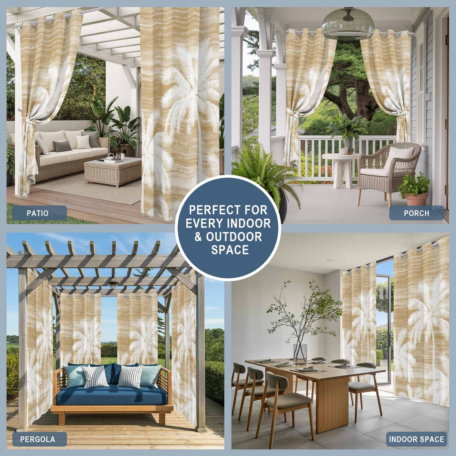 Summer Palm Trees Outdoor Curtains for Patio, Tropical Coastal Rustic Brown Abstract Sunshade Privacy Drapes Grommet Waterproof Outside Curtains for Porch/Cabana/Balcony 54"x 108", 1 Panel