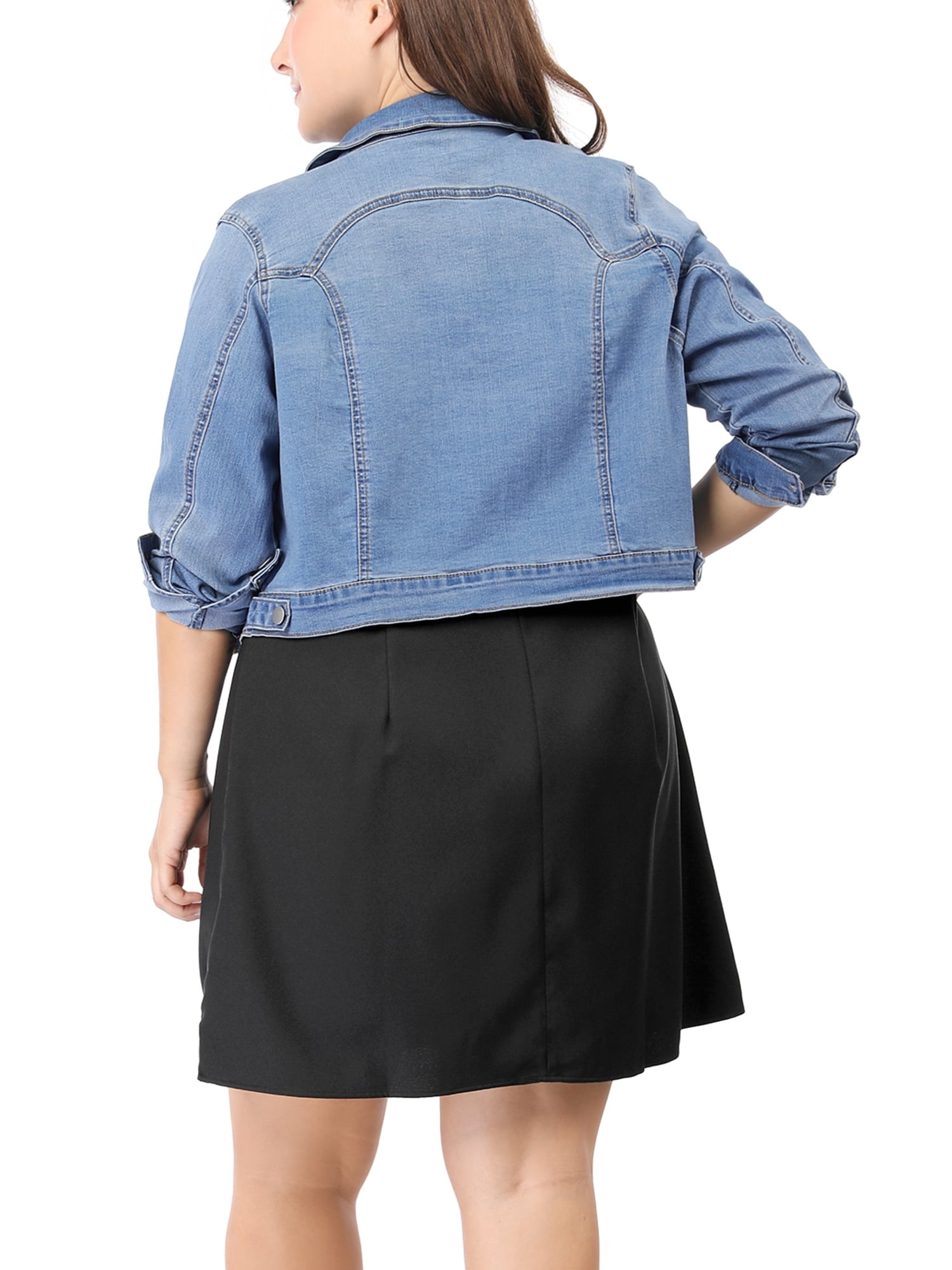 Women Plus Size Button Closed Cropped Denim Jacket Light Blue 1X