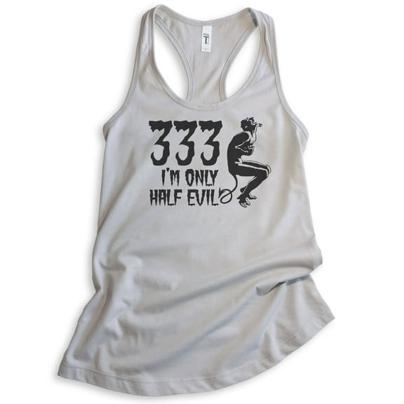 333 I'm Only Half Evil Tank Top, Ladies Racerback Tank Top, Halloween Tank, Devil Graphic Tee, Devil Tank, Silver Gray, Medium