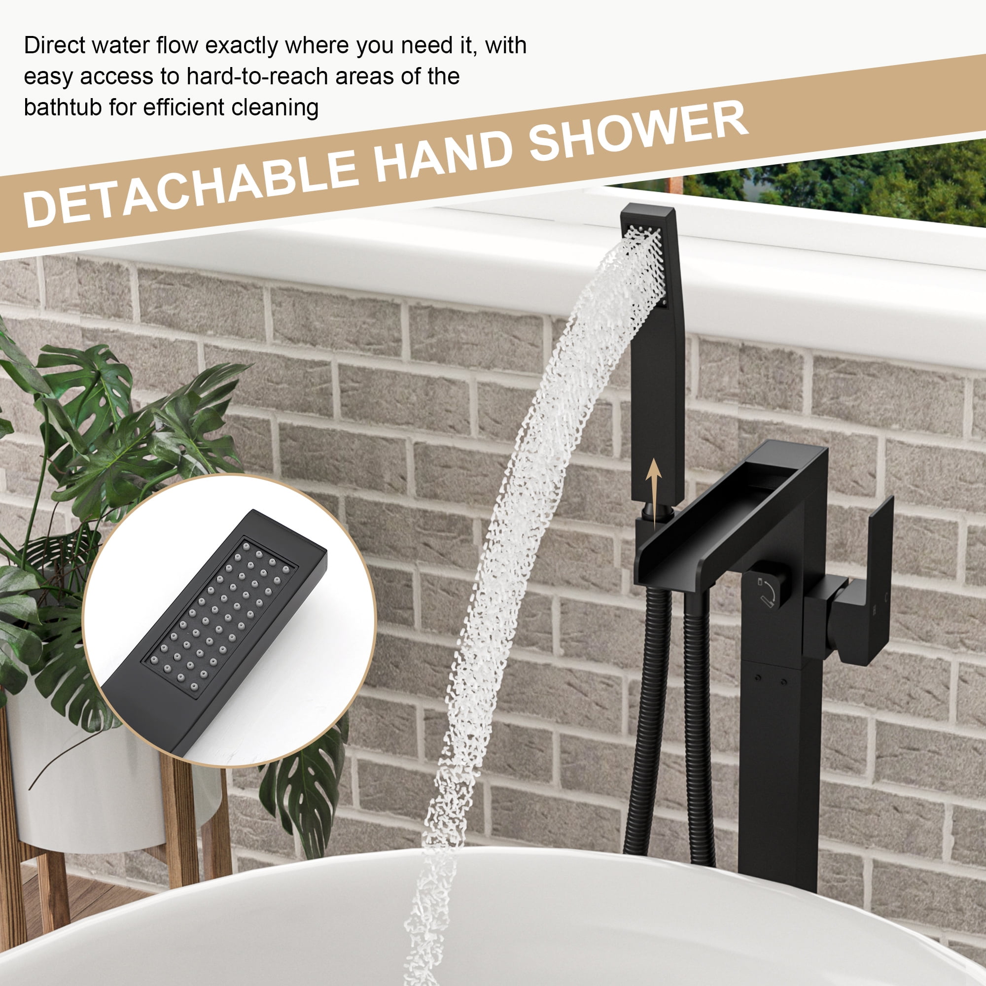 Freestanding Bathtub Faucet Waterfall Tub Filler Matte Black Floor Mount Brass Bathroom Faucets with Hand Shower