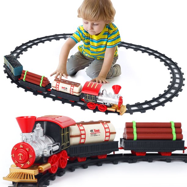 Egdank 14PCS Classic Electric Train Toy Electric Rail Car Set with Music and Realistic Smoke