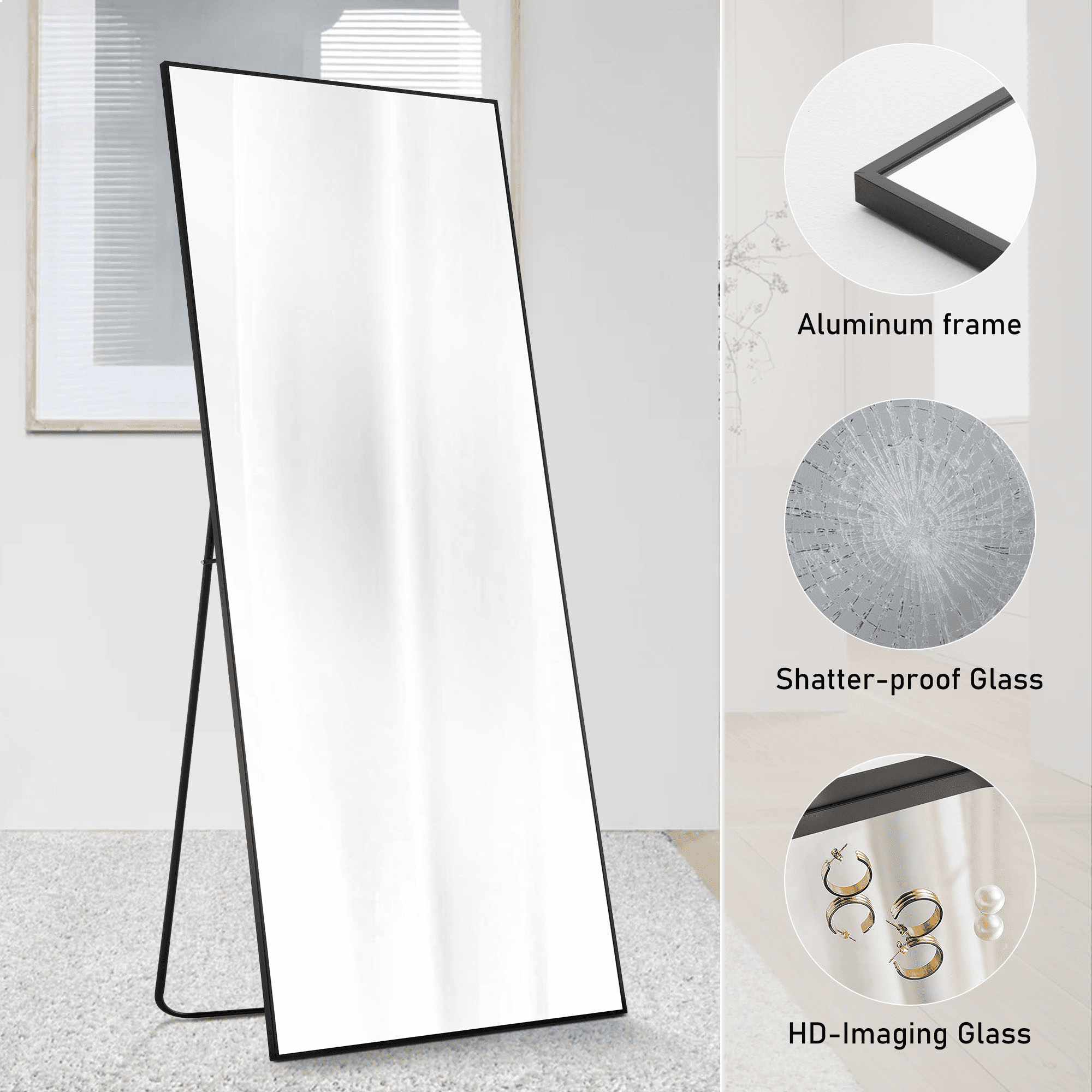 MAYEERTY 64" Rectangular Full Length Mirror Aluminum Alloy Full Body Mirror with Stand,Black
