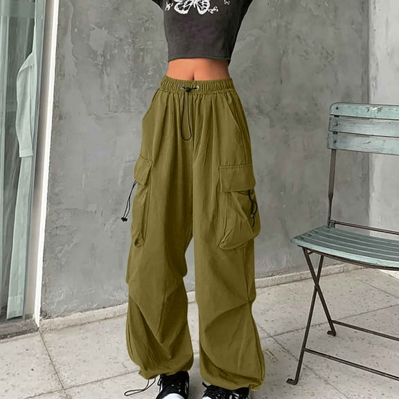 Dasayo Cargo Ladies Pants High Waist Hiking Green Taper Drawstring Pockets Pants Trousers for Women L
