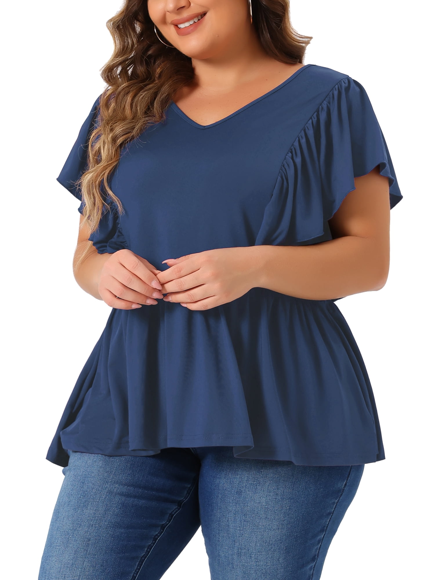 DARING DIVA Women's Plus V Neck Ruffle Sleeve Pleated Peplum Blouse 4X Navy Blue