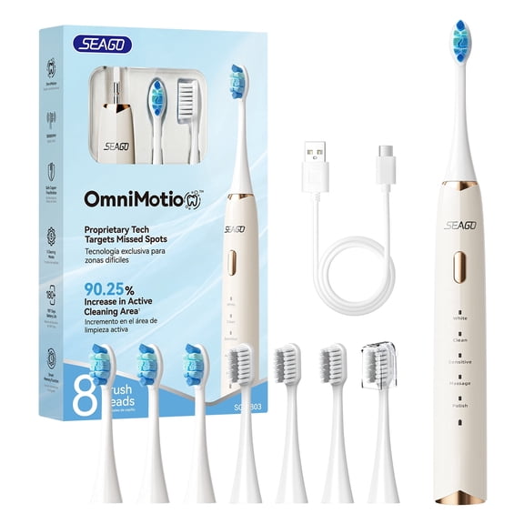 Seago Electric Toothbrush for Adults , 5 Cleaning Modes, 8 Toothbrush Heads, SG-2803 Beige