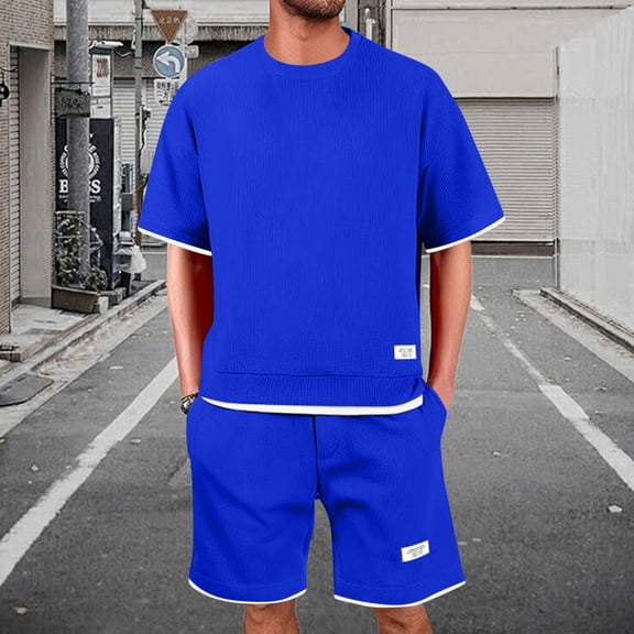 Dxzfnsa Mens Short Sets Men's Fashion 2 Piece Solid Color Outfits Short Sleeve Round Neck Blouses Soft Shorts Summer Casual Sets with Pockets