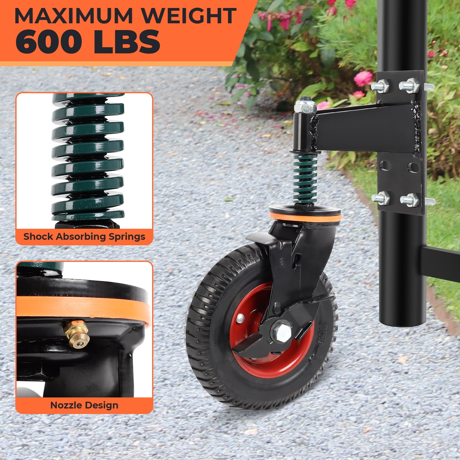 8inch Gate Casters with Brake, Moves Smoothly Fence Gate Wheel, 600 Lb Capacity 360 Degree Rotation Gate Wheels for Wooden/Metal Tube Gate Spring-Loaded Heavy Duty Gate Wheel Nuts Wrench Gloves